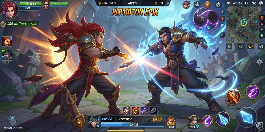 Tangkapan layar utama menunjukkan aksi pertarungan intens di arena MOBA.