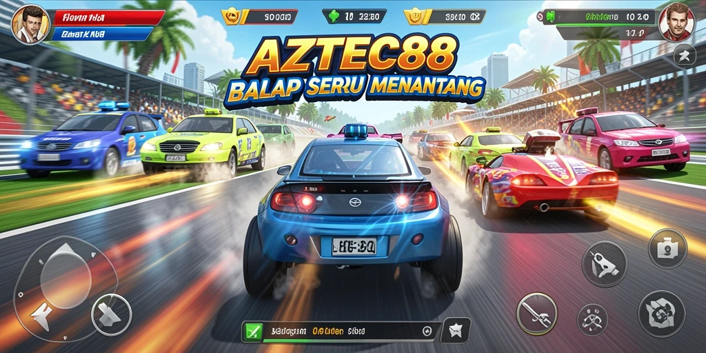 Tangkapan layar utama AZTEC88 menampilkan aksi balap yang mendebarkan.
