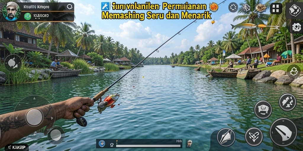 Gameplay KAKRP menampilkan aksi seru memancing ikan di berbagai lokasi.