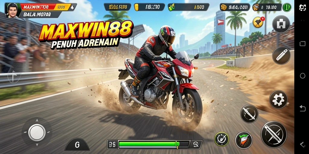 Tampilan gameplay seru dari MAXWIN88 dengan motor balap penuh gaya.