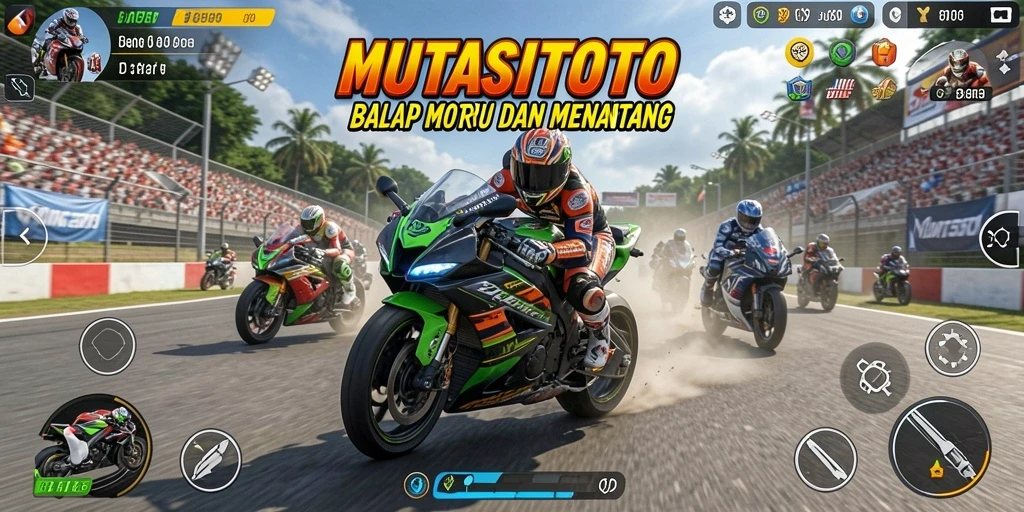 Screenshot gameplay MUTASITOTO menampilkan balapan motor yang mendebarkan.