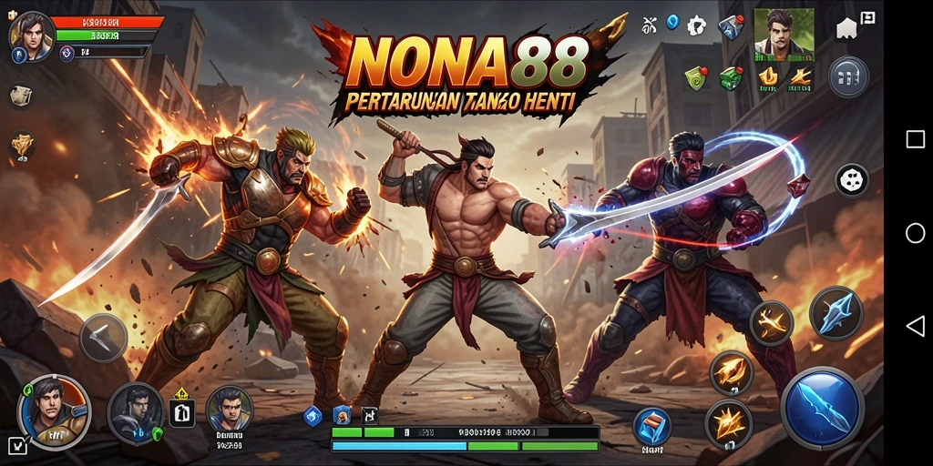 Screenshot NONA88 menunjukkan adegan pertempuran yang mendebarkan dan penuh aksi.
